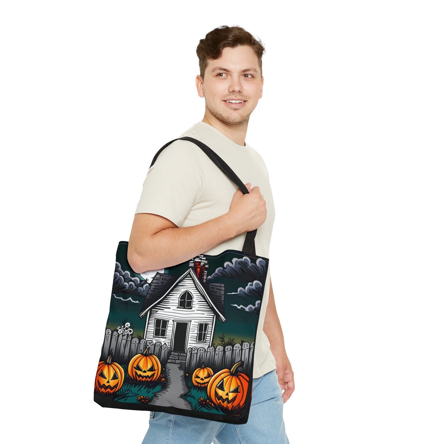 Scary White Haunted House Halloween Tote Bag (AOP)