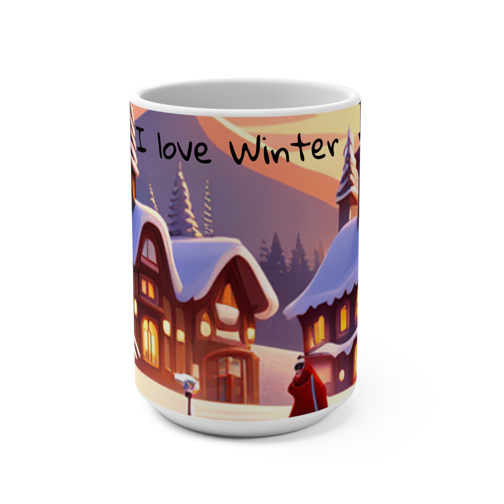 "I love winter" written above a wintery village scene.