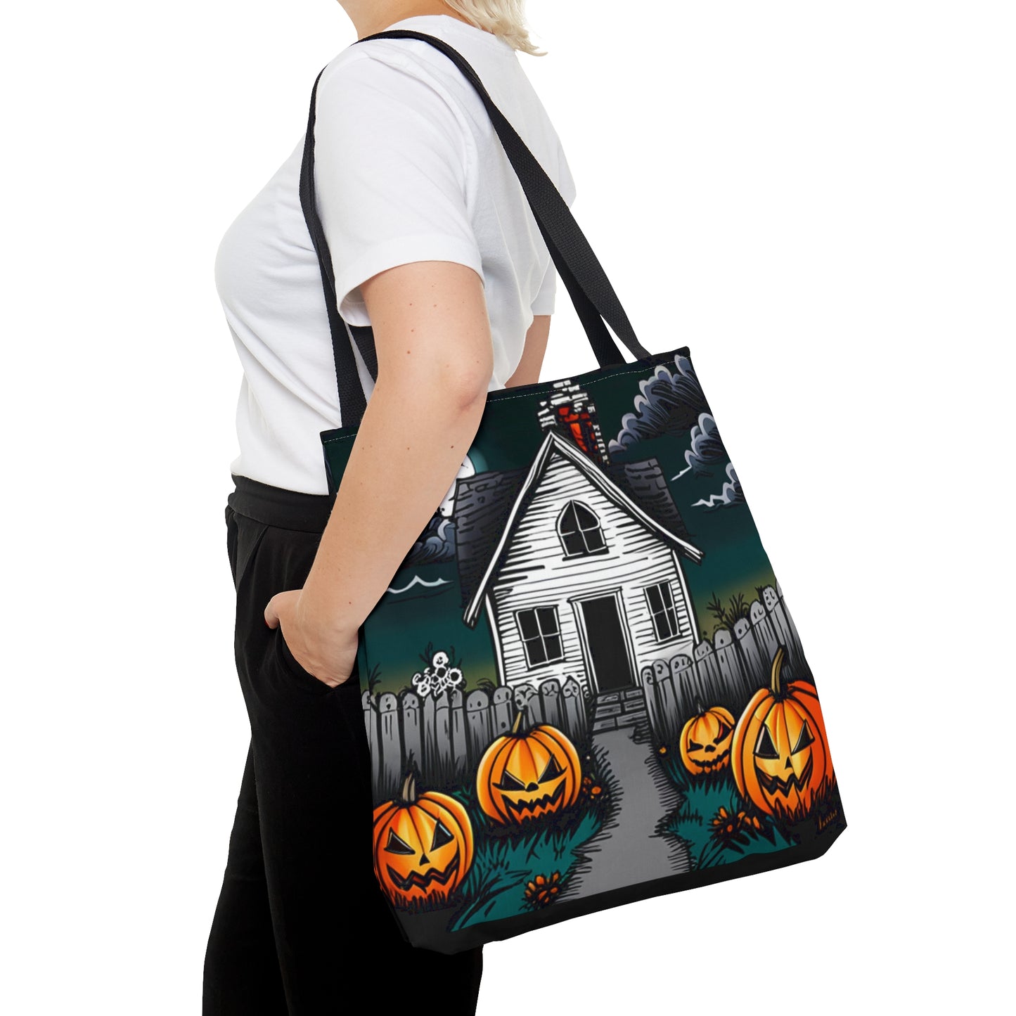 Scary White Haunted House Halloween Tote Bag (AOP)