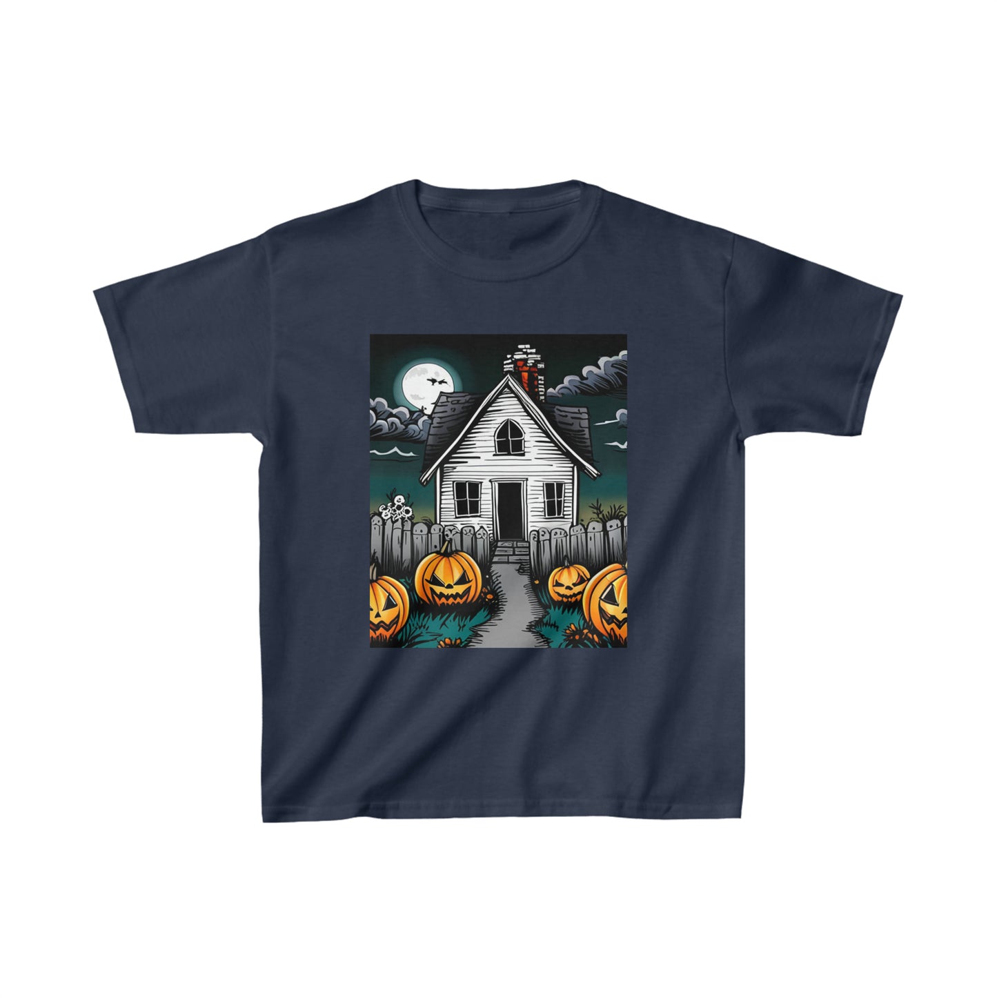 White Halloween Haunted House Kids Heavy Cotton™ Tee