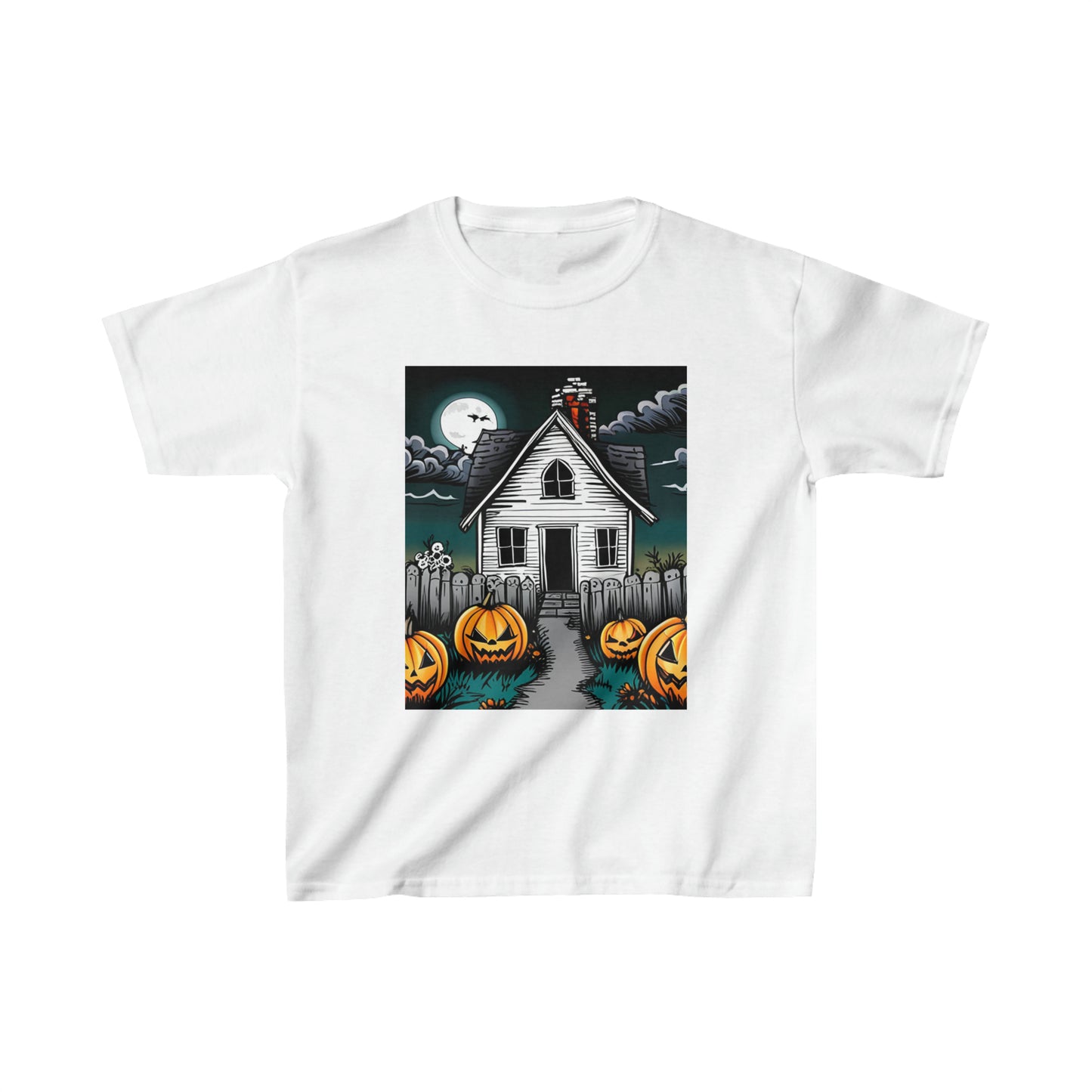 White Halloween Haunted House Kids Heavy Cotton™ Tee