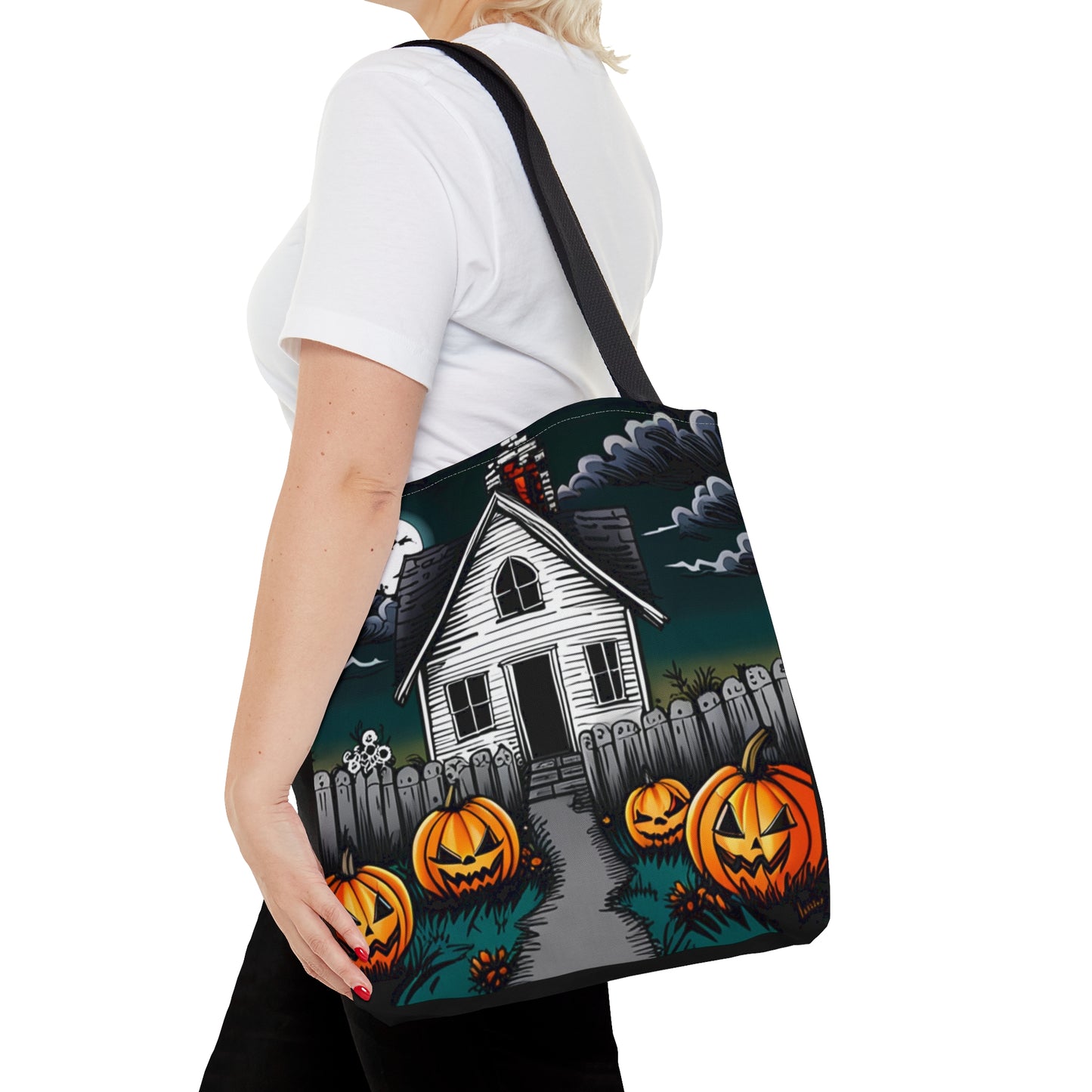 Scary White Haunted House Halloween Tote Bag (AOP)