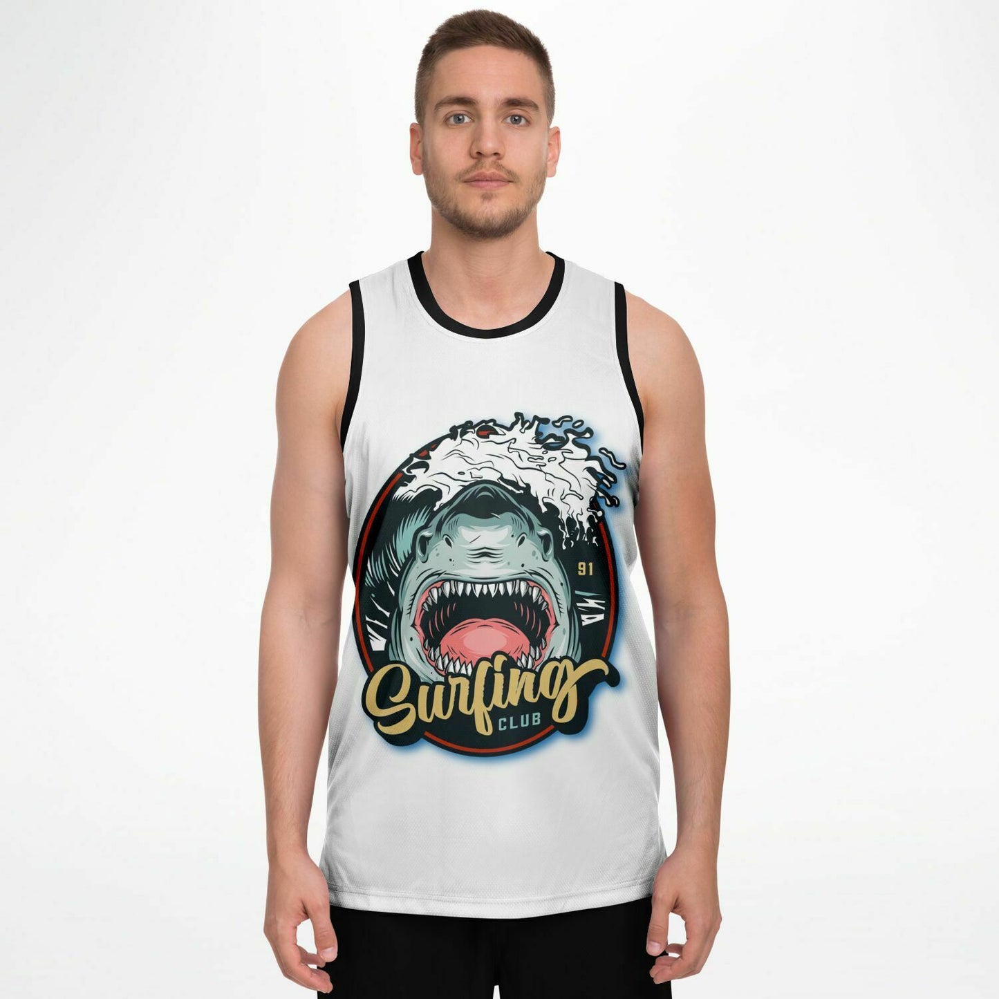 Surfing Club Basketball Tank Top with shark breaching a wave. Very cool!