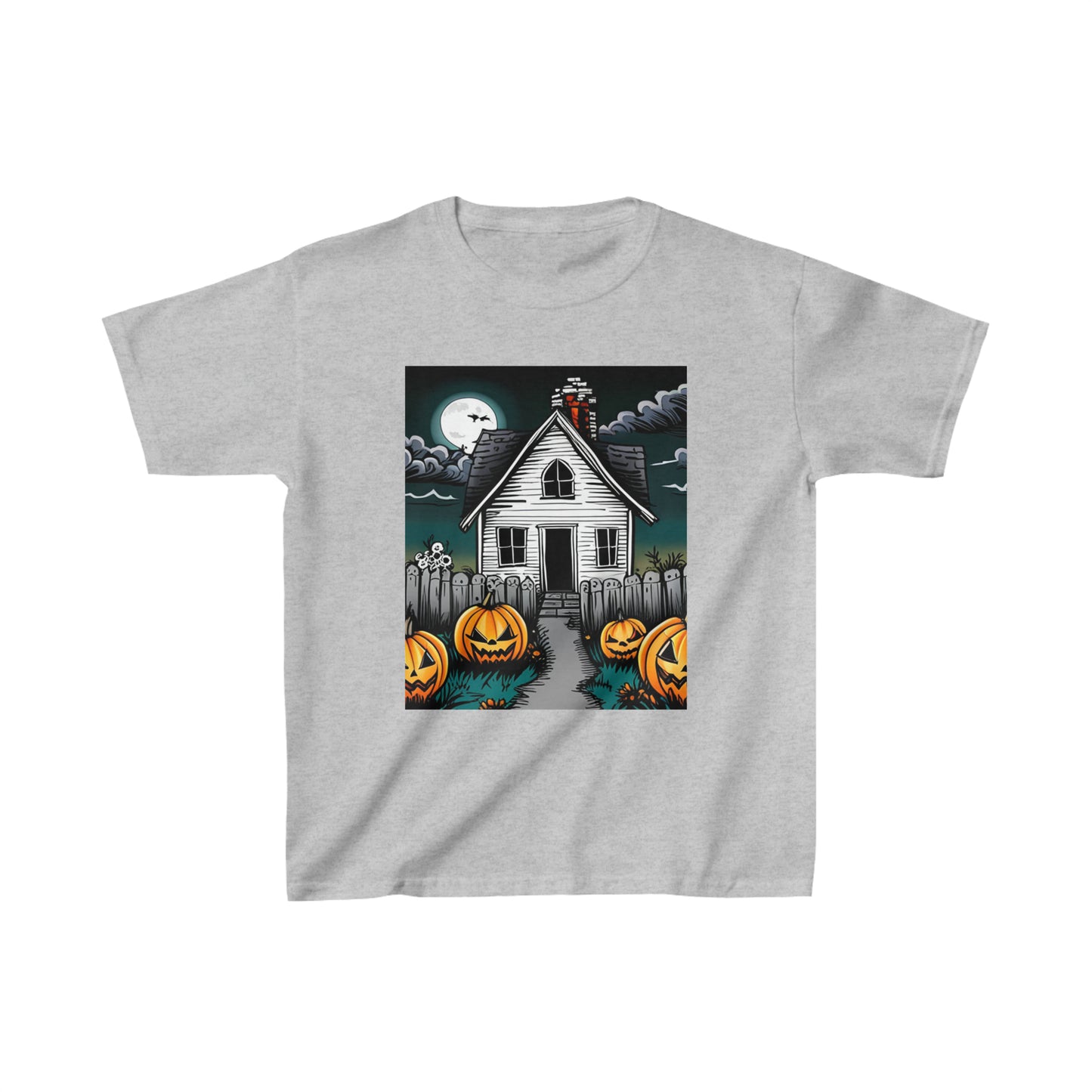 White Halloween Haunted House Kids Heavy Cotton™ Tee
