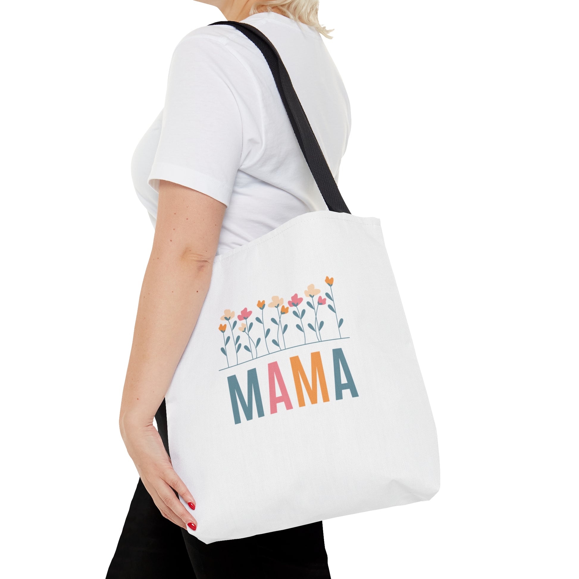 Tote bag with the word MAMA and flowers above it.