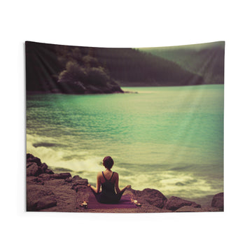 Yoga by the Lake Indoor Wall Tapestries